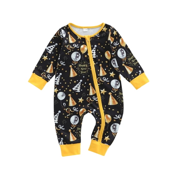 BemeyourBBs Newborn Baby Boys Girls New Year Outfit Balloon Romper Letter Print Long Sleeve Round Neck Zip Jumpsuit Spring Clothes