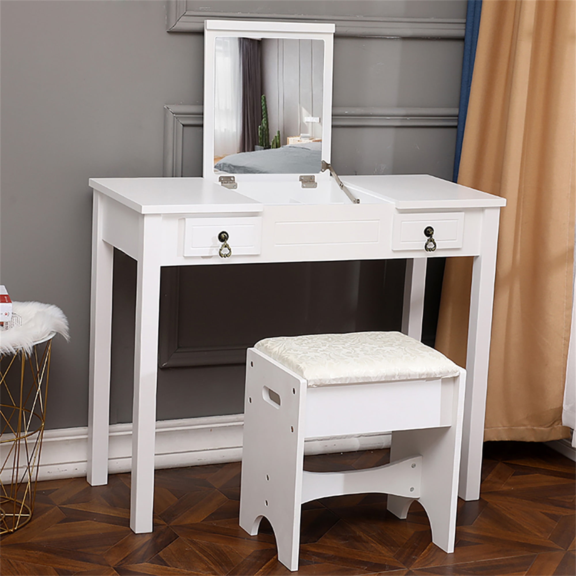 Kadyn Vanity Table and Chair Set, Vanity Set with Mirror and Stool, White