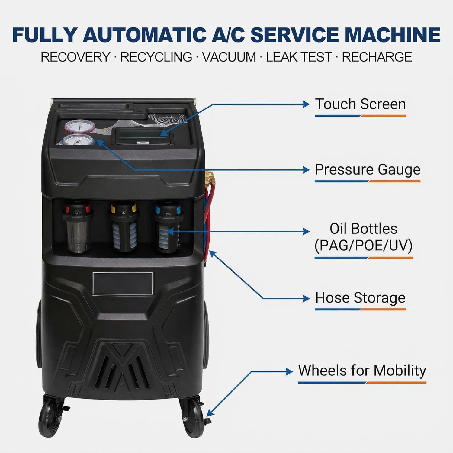 HPDMC Professional Fully Automatic R134a AC Recovery & Recharge Machine, 7" Touch Screen Service Station with Vacuum Pump, Leak Test, Oil Injection and Built-in Printer for Car HVAC Systems