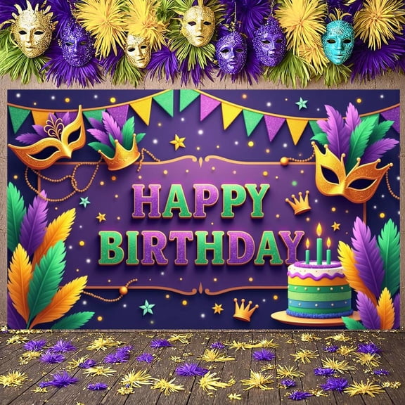 Colorful Feathers Banner Glittery Letters Festive Backdrop Gold Crowns Mardi Gras Masks Celebration Background for Birthday Parties Photo Shoots Indoor Decorations