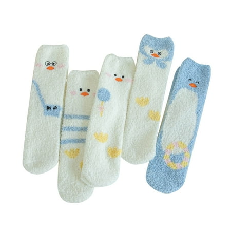 

Yinguo 5 Pairs Of Women Winter Warm Coral Socks Cute Duckling Plus Mid Tube Socks