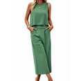 thumbnail image 2 of Women'S Summer 2 Piece Outfits Set Round Neck Sleeveless Tank Crop Top Wide Leg Pants Set with Pockets Green L, 2 of 9