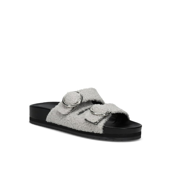 MARC FISHER Womens Gray Double Strap Buckle Accent Keena Round Toe Slip On Slide Sandals 8 M