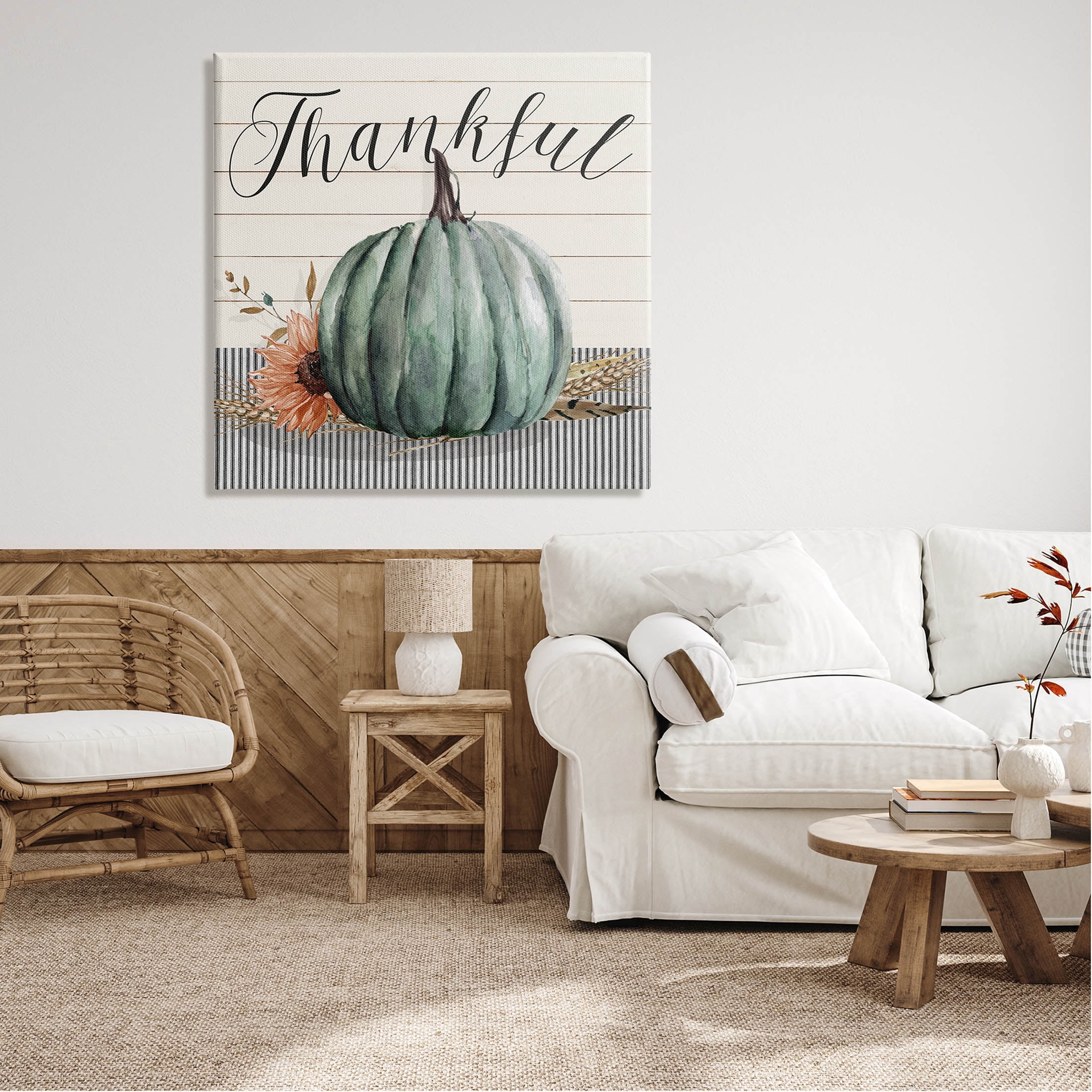 Stupell Industries Thankful Autumn Floral Pumpkin Graphic Art Gallery Wrapped Canvas Print Wall Art, Design by Livi Finn