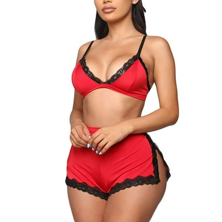 

luethbiezx Womens Sexy 2pcs Lingerie Set Lace V-Neck Camis Crop Top and High Waist Pajama
