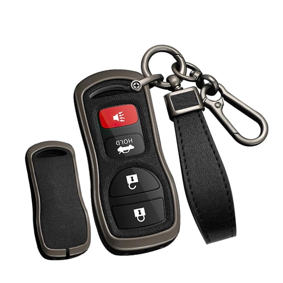 Metal Frame Key Fob Cover Fit For Nissan 350Z Altima Quest Leather Key Remote Key Holder Full Protection 3/4 Buttons Key Case Holder Protector Metal Keychain