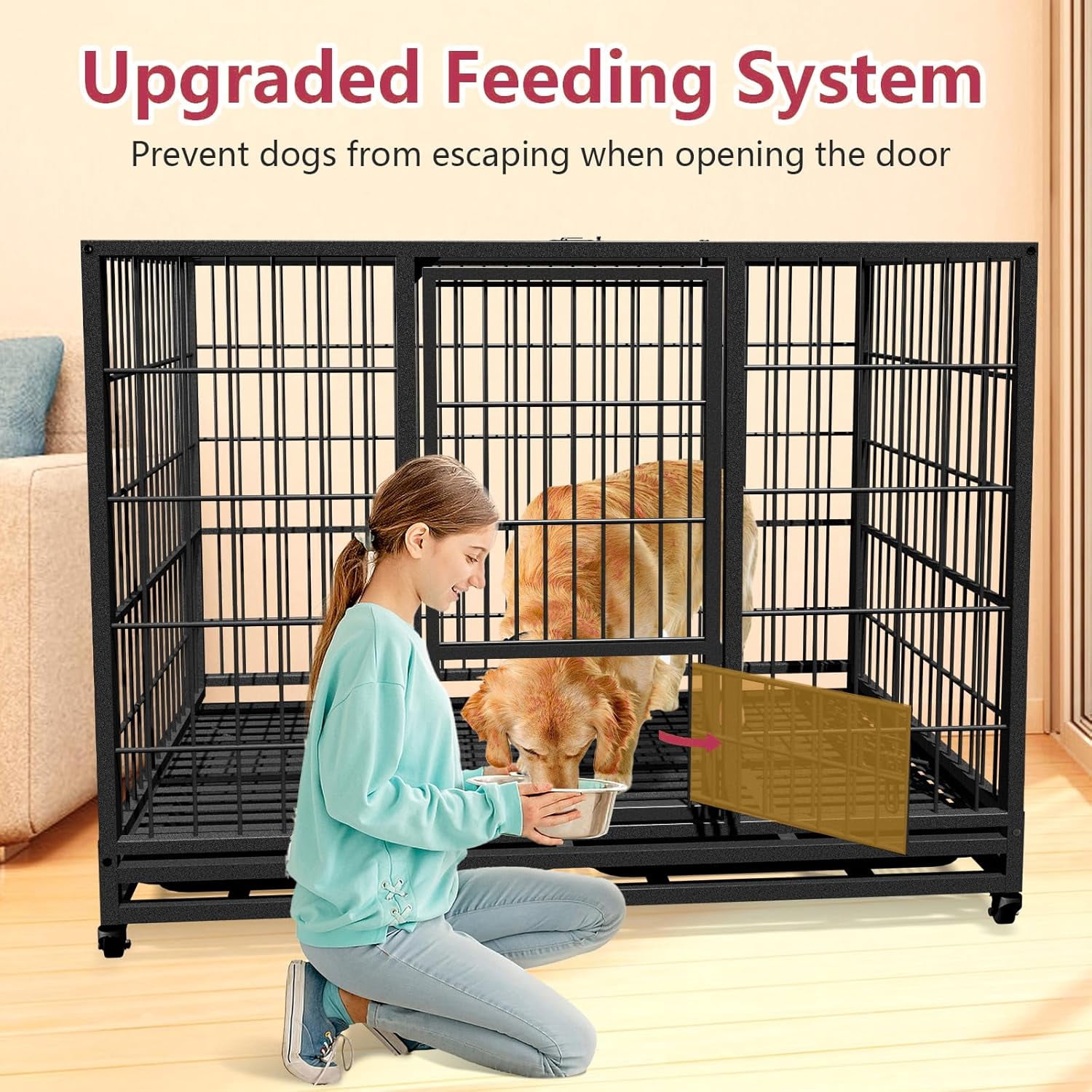 Jhsomdr 42 inch Heavy Duty Dog Crate with Wheels, Indestructible Dog Crate for High Anxiety, Escape Proof Dog Cage Large Dog Kennel with Double Door & Removable Tray