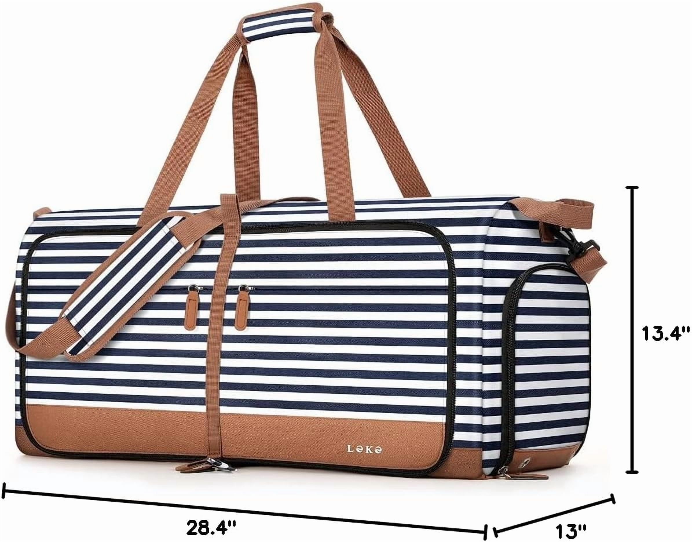 80L Large Foldable Travel Duffle Bag for Women - Separate Shoe Compartment, Carry On Weekend/Overnight/Hospital Bag with Straps (Blue Stripes)