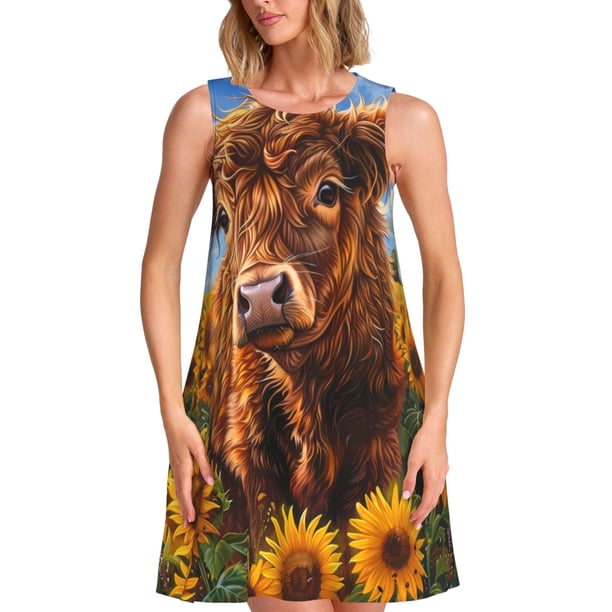 Fotbe Cloud Sky Sunflower Cow Vestido de Verano sin Mangas para Mujer – Vestido Midi Línea A, Estilo Camiseta Floral, Vestido Playero Casual y Fluido