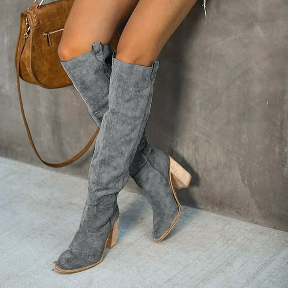 Willtoo Women's Thigh High Boots Fashion Casual Suede Over The Knee Block High Heels Long Sexy Pointed Toe Tall Boots for Women Ladies Gray US-5.5（EU-36）