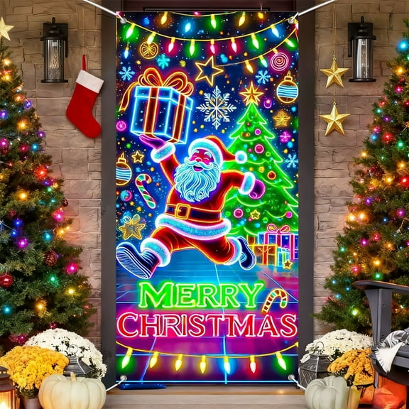 LmnLft Colorful Santa Claus Christmas Door Curtains, Holiday Party Door Cover Banner for Indoor and Outdoor Decor
