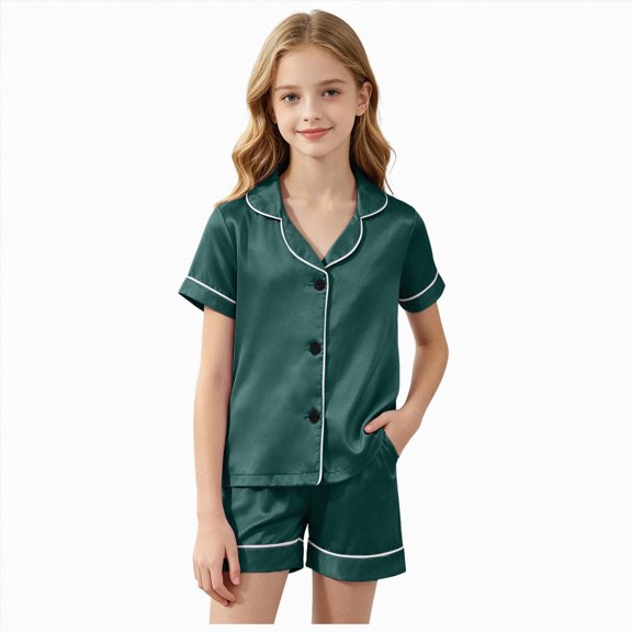 WUANDIXFA Girls Satin Pajamas Set 1T 2T 3T 4T 5T 6T Button Down 2 Piece Silk Pjs Shorts Set Ruffle Sleepwear,Green,18-24 Months