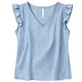 thumbnail image 3 of Womens Cotton Linen Tank Top Ruffle Sleeve Blouses Solid Vest V Neck Casual Summer Gauze Shirt Tunic Top Dressy Fashion Top Boho Shirts Plus Size Shirts Basic Tank Shirt Flowy Shirts, 3 of 5