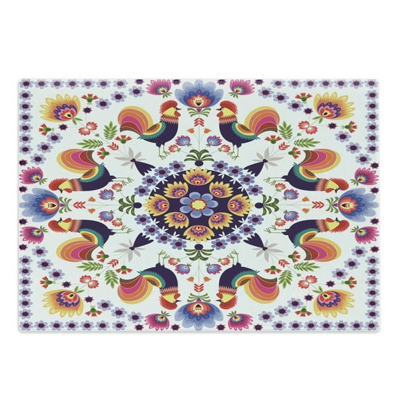 Polish Folk Art Cutting Board, Folkloric Ornaments with Flowers and Cockerels on Plain Background, Decorative Tempered Glass Cutting and Serving Board, in 3 Sizes, by Ambesonne