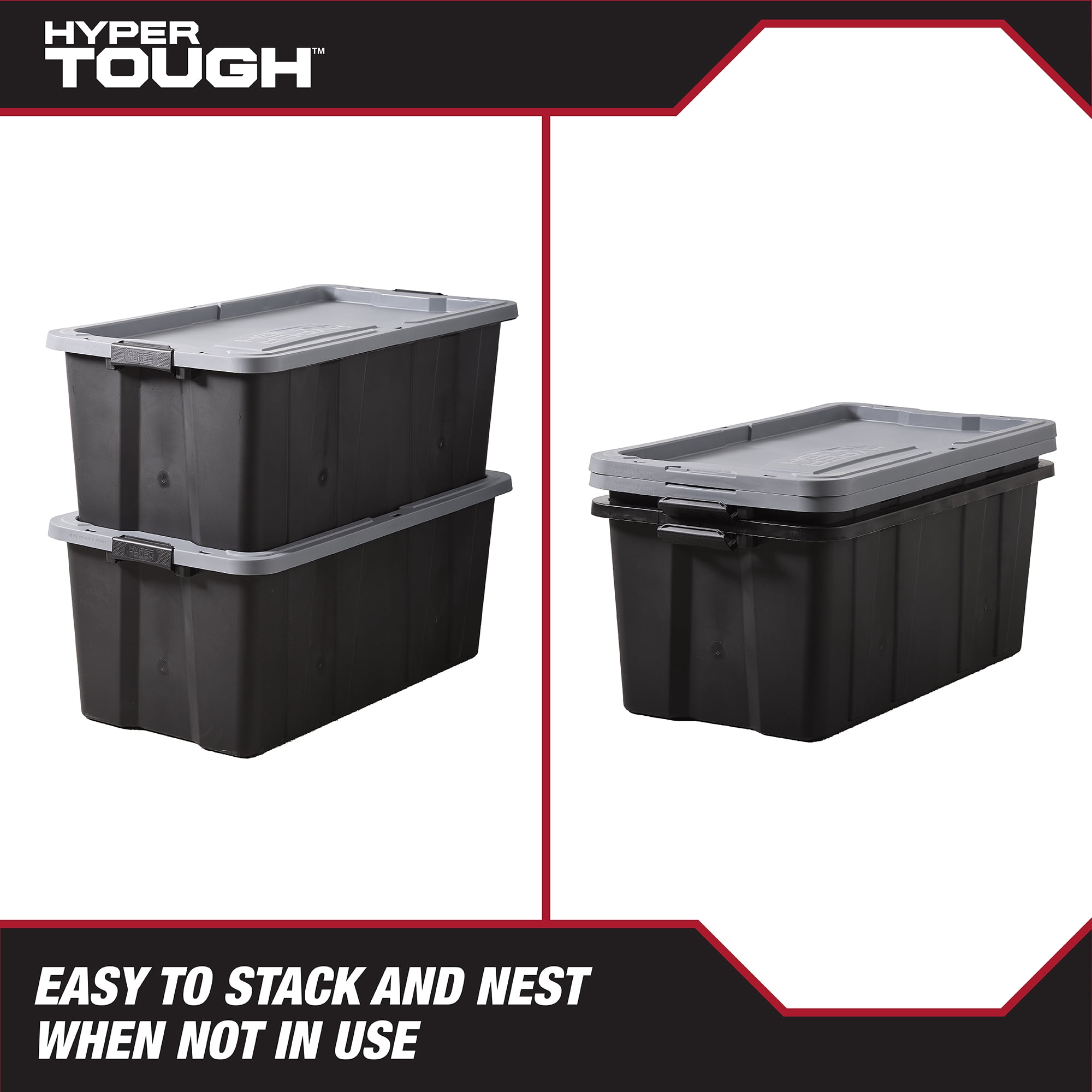 (Pack of 3) Hyper Tough 40 Gallon Large Storage Bin with Latch Lid, Black and Gray, Heavy Duty Plastic Storage Container Black and Gray