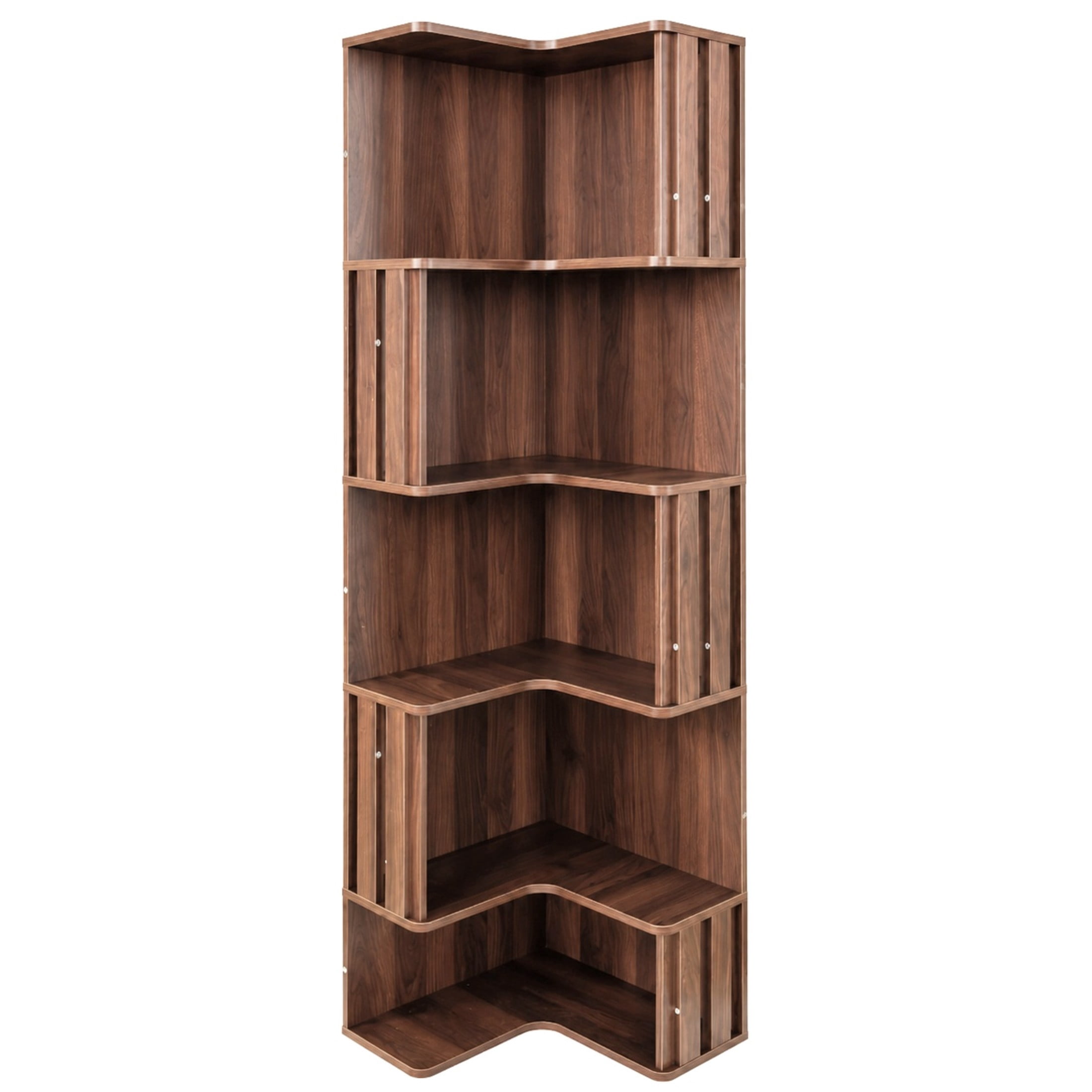 Noble House 68.9" 5-Tier Corner Bookcase, Freestanding L-Shaped Display Bookshelf for Home Office, Living Room, Walnut