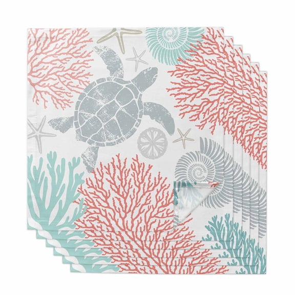Teal Red Coastal Turtle Cloth Napkins, Ocean Coral Nautical Washable and Reusable Dinner Napkins Set of 6, Table Napkin for Kitchen Party Birthday Wedding Hotel Housewarming 20"x20"