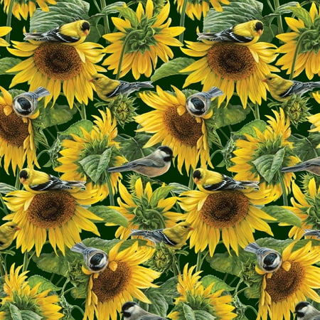 Scene Quilt Fabric - Sunflowers And Birds Quilting Cotton Fabric By The Yard, 44