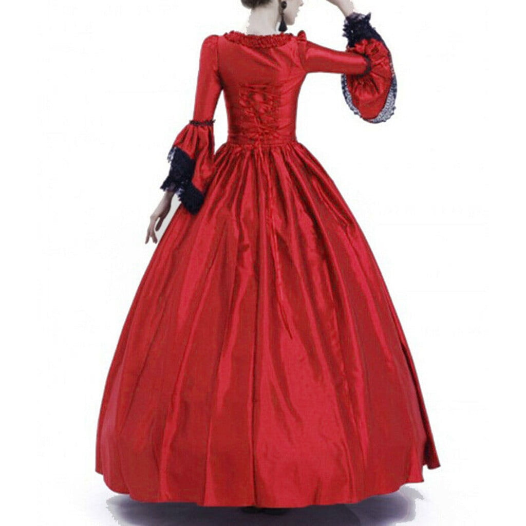 RYRJJ Women's Gorgeous Gothic Ball Gown Flared Sleeves Renaissance Vintage Medieval Dress Square Neck Lace Patchwork Masquerade Maxi Long Dress(Red,M)
