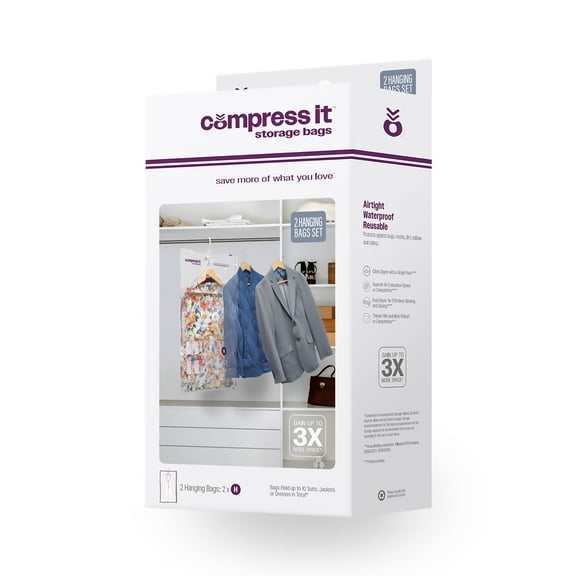 Compressit Storage Bags, 2-Hanging Space-Saving Vacuum Bags, Compression Set, Closet and Home Organizer, Clear, Manufactured in North America