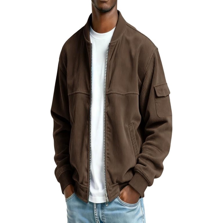 Men's Corduroy Jacket Long Sleeve Solid Lapel Collar Zip Up Lounge
