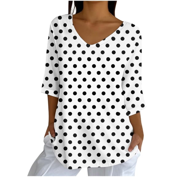 Cilsoka Womens Plus Size Tops 3/4 Sleeve V Neck T Shirts Loose Fit Polka Dots Three Quarter Length Blouses Dressy Casual Tunic Tops