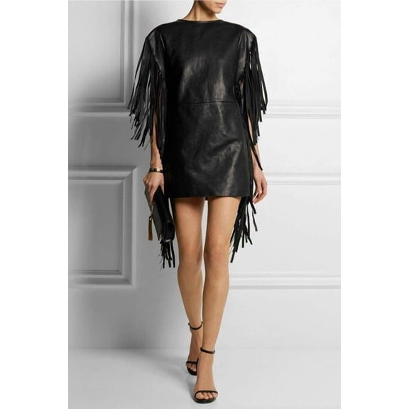 Women's Black Faux Leather Mini Dress Round Neck Loose Shift Dress with Fringe Tassel Sleeves and Hem