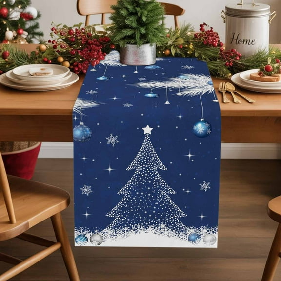 Navy Blue Christmas Tree Cotton Linen Small Table Runner 13 x 48 inch Xmas Balls Pine Needles Snowflake Non-slip Rectangular Dining Table Decor for Wedding Party Holiday Dinner