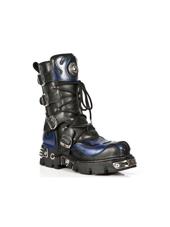 107-C5 Unisex Boots Black Blue Leather Skull Devil Gothic Punk Biker 36