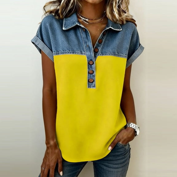 OSFVNOXV Denim Collar Tops for Women Summer Cowgirl Outfits Vintage Western Golf Shirts Buttons Up Collared Blouse