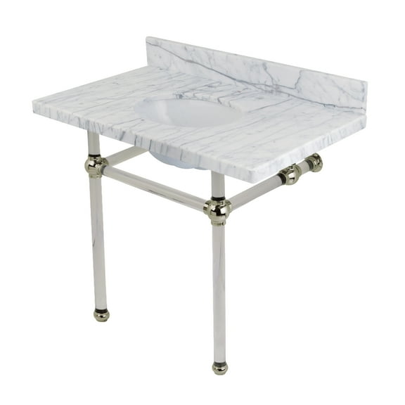 Kingston Brass KVPB3630MA6 Templeton 36" Carrara Marble Vanity Top with Acrylic Legs (8-Inch, 3-Hole), Carrara Marble White/Polished Nickel