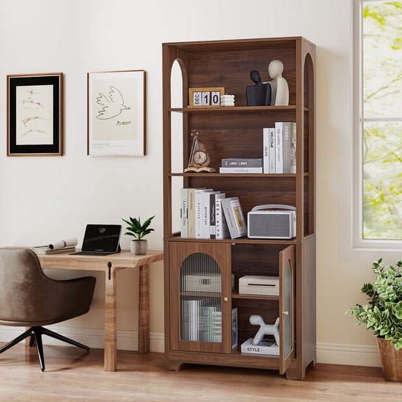 Weselon 70" Tall 5 Shelf Bookcase with Door and Shelves, Freestanding Storage Cabinet with Arched Acrylic Door for Living Room Office Storage, Floor Standing Bookshelves, Walnut