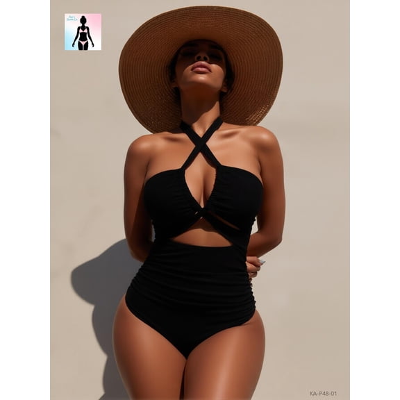 Women's Elegant Solid Black Halter Cut-Out Ruched One-Piece Swimsuit