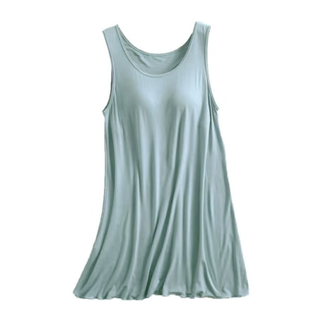 BZGTZT Tank Dress with Shelf Bra for Women Round Neck Sleeveless Tunic Tops Solid Loose Fit Blouse Basic Long Tank T-Shirt