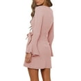 thumbnail image 4 of Franhais Women Fall Knit Dress Flared Long Sleeve Smocked High Waist Tie Bow Ruffle A Line Mini Dresses, 4 of 8