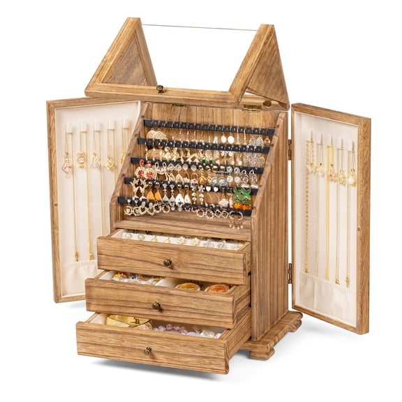 Jewelry Box Organizer, Rustic Wooden Jewelry Boxes for Women Girls, Large Storage Earring Holder Organizer Display for Earrings Necklaces Rings Bracelets