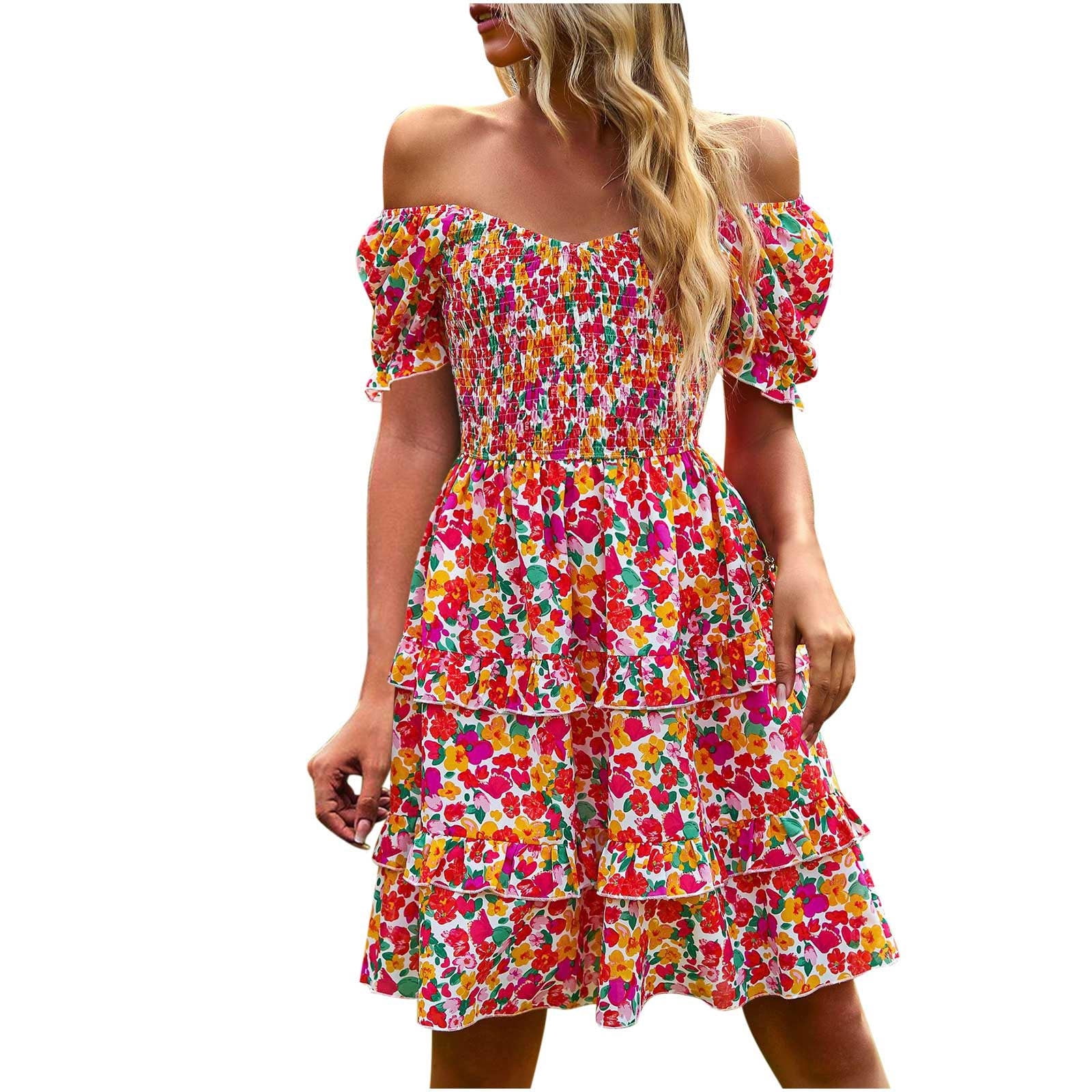HAPIMO Women's Mini A Line Dress Floral Print Tops Short Sleeve ...