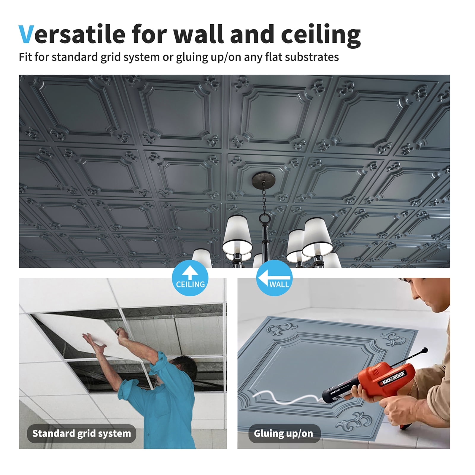 3D Wall Panel 2 Ft. x 2 Ft. Glue-up or Drop-in PVC Ceiling Tile in Grey