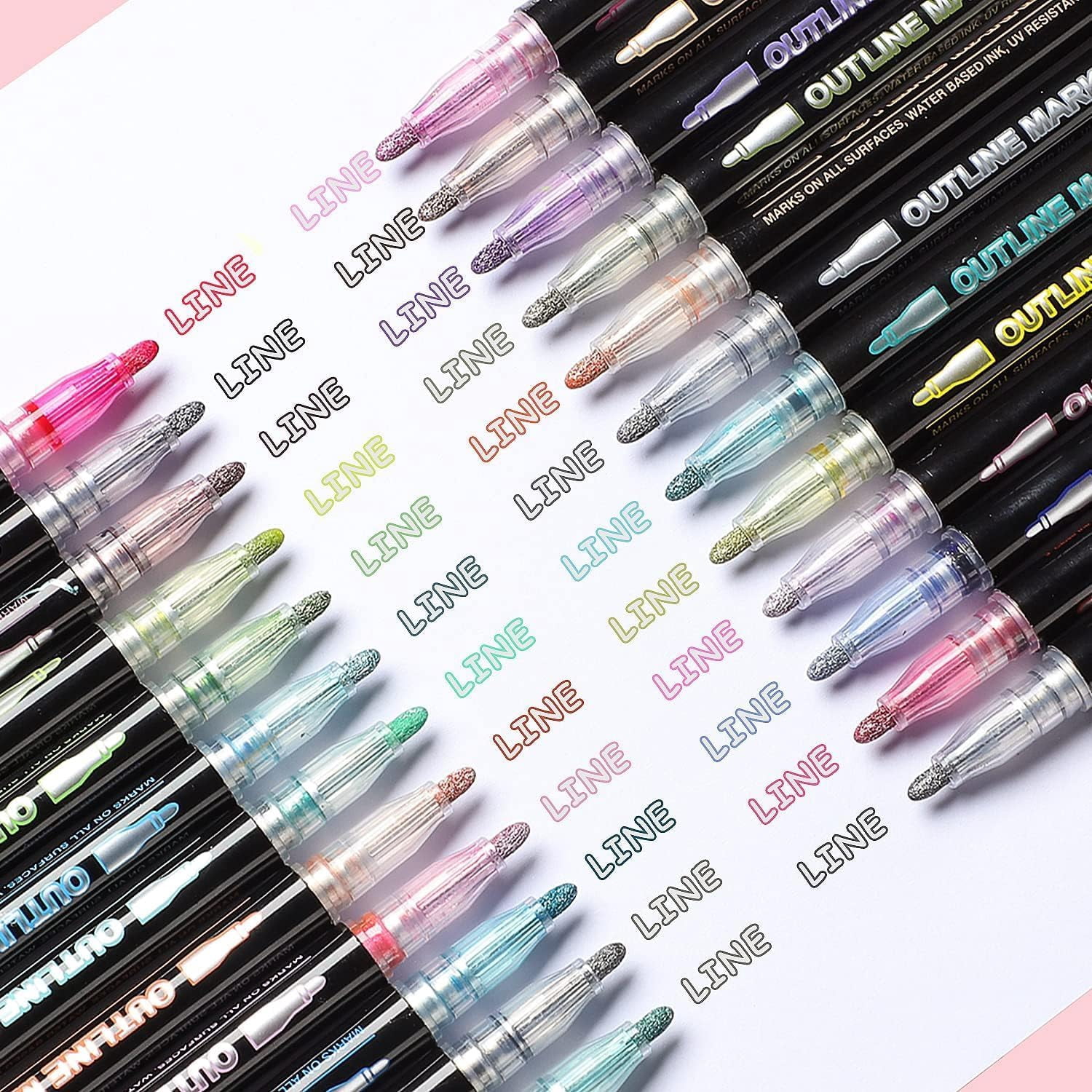 Dreamy Sparkle Dual-Line Contour Pen, 12 Colors Self-Outline Metallic Markers with Glitter, 2mm Chisel Tip for Christmas Card Birthday Greeting, DIY Art Crafts Scrapbooking and Drawing