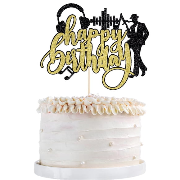 Saxofón Cake Topper Happy Birthday con purpurina negra y dorada