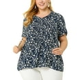 thumbnail image 2 of Agnes Orinda Women's Plus Size Floral Tops Pleated Tie Neck Short Sleeve Casual Summer Blouse 1X Navy Blue, 2 of 7