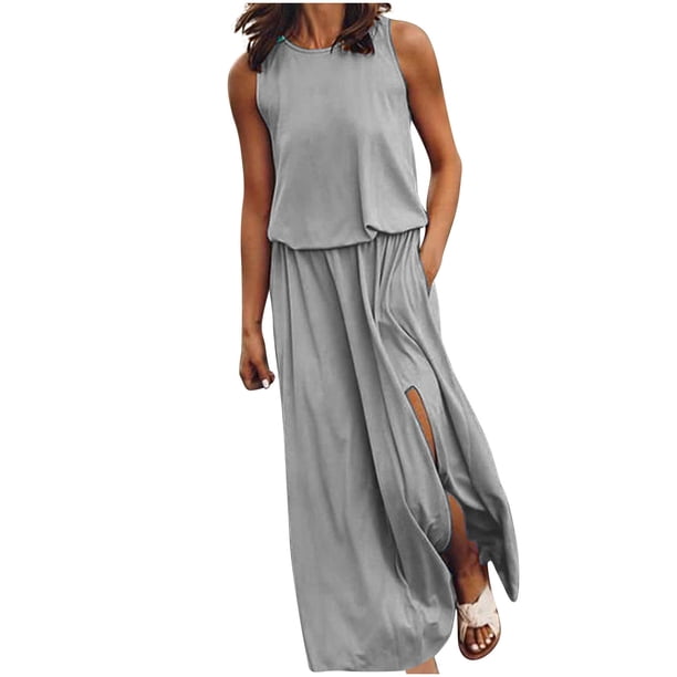 Elegante vestido de apertura de tenedor sólido de cuello redondo sin mangas casual de verano sexy para mujer OAVQHLG3B Store lin121212