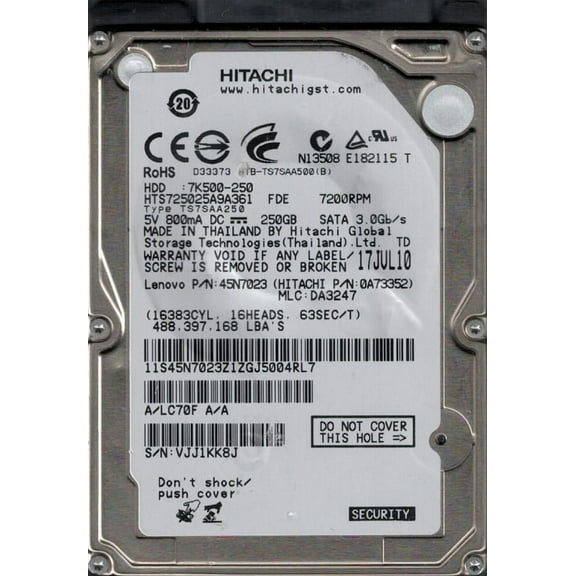 HTS725025A9A361 P/N: 0A73352 MLC: DA3247 Hitachi 250GB