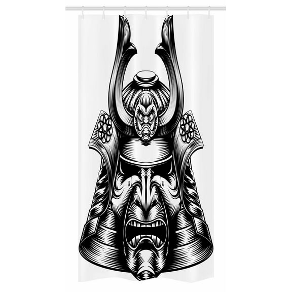 Japanese Stall Shower Curtain, Vintage Style Oriental Demon Samurai Mask Helmet Eastern Style Martial Art Print, Fabric Bathroom Set with Hooks, 36W X 72L Inches Long, Black White, by Ambesonne