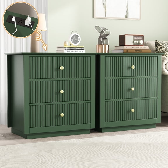 Modern Nightstand with Charging Station & 3 Drawers, 24 Inch Wide Bedside Table Set of 2 for Bedroom and Living Room, Large Storage End Table with Fluted Design, Green