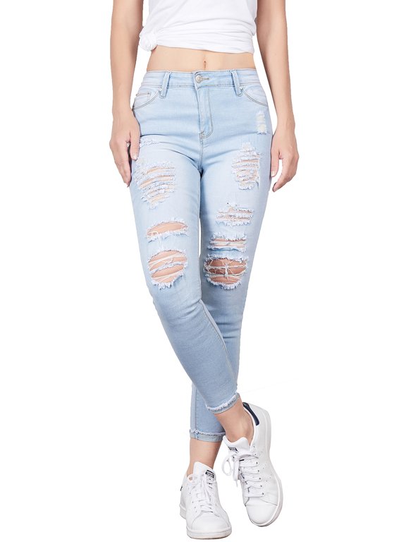 , Women's, Ripped Ankle Length Mid Rise 5 Pockets Comfy Skinny Cropped Jeans, Light Blue, 11