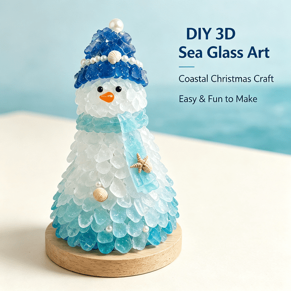 3D Sea Glass Snowman Art Kit, Lighted Coastal DIY Craft with Sea Glass, Shells & Pearl Accents, Tabletop Decor for Home & Mantel, Gift for Adults