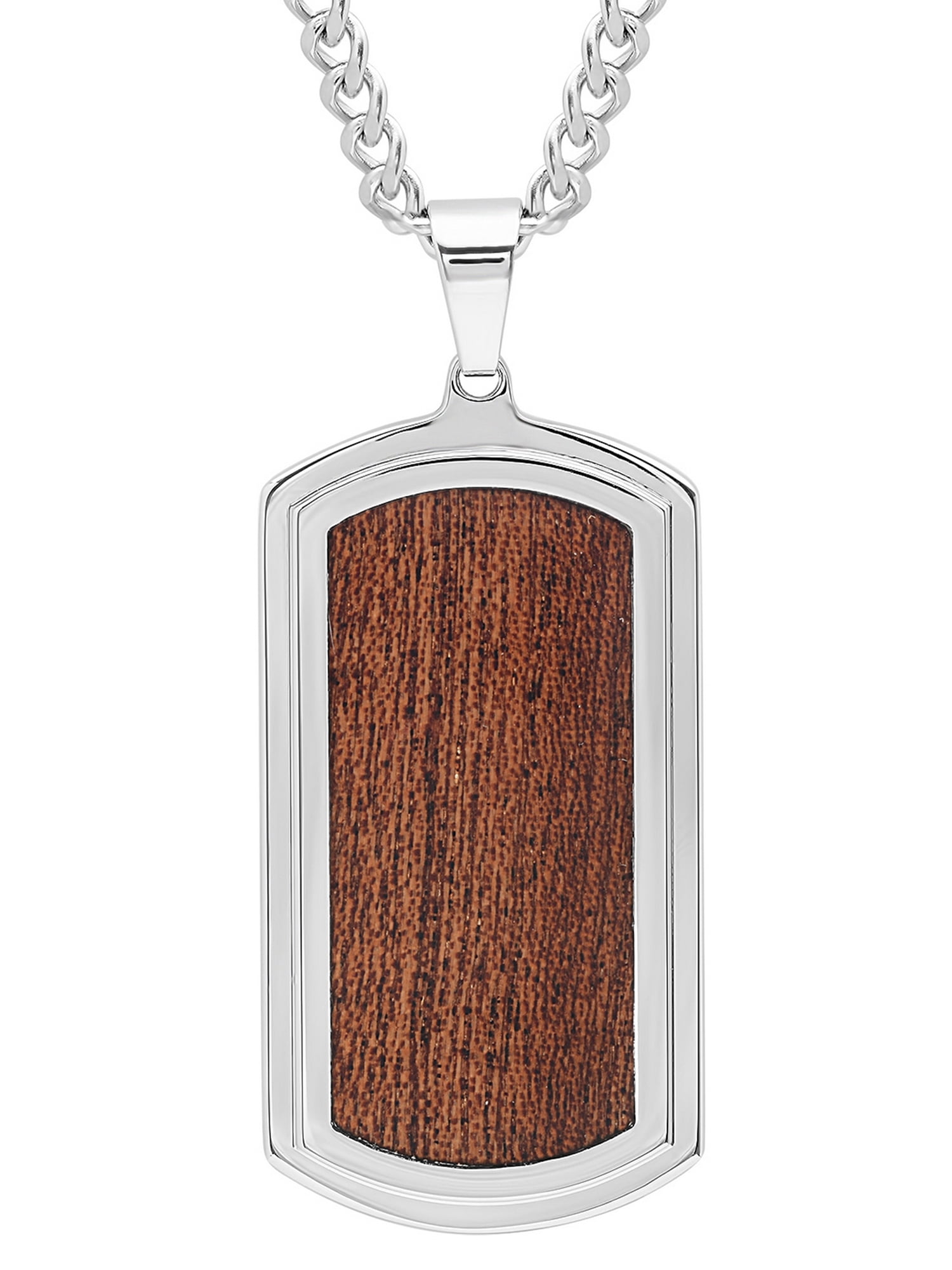 Mens Stainless Steel Woodgrain Inlay Dog Tag Pendant Necklace