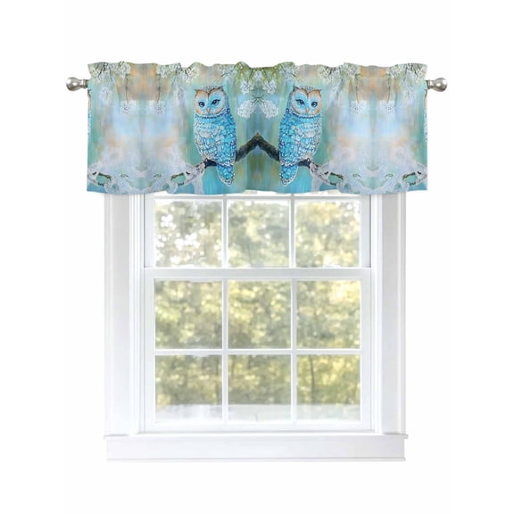 Blue Owl Curtain Valances for Windows, Watercolor Flower Bird on Branch Kitchen Valance Window Treatment, Light Filtering Block Curtains for Bathroom/Bedroom/Living Room 42'' x 12''