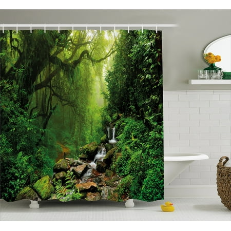 Hunters Bathroom Set (Nature Shower Curtain, Into the Woods Idyllic Forest Greenland Dreamy Mystic Fresh Tropical View, Fabric Bathroom Set with Hooks, 69W X 70L Inches, Emerald Hunter Green, by)